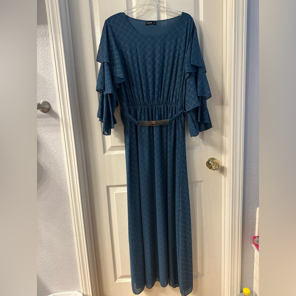 SHEIN Curve Plaid Layered Sleeve Belted Dress teal blue with gold - wore once